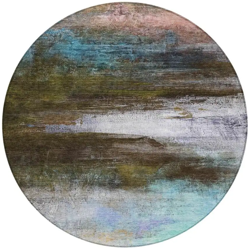 8' Brown Teal Blue And Blush Round Abstract Washable Indoor Outdoor Area Rug Photo 3