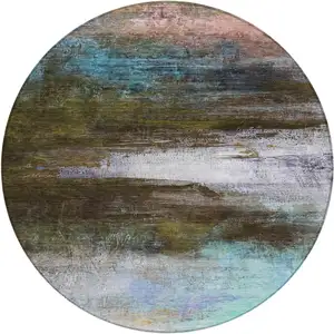 Photo of 8' Brown Teal Blue And Blush Round Abstract Washable Indoor Outdoor Area Rug