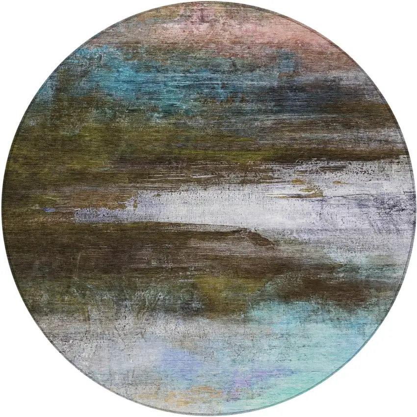 8' Brown Teal Blue And Blush Round Abstract Washable Indoor Outdoor Area Rug Photo 1
