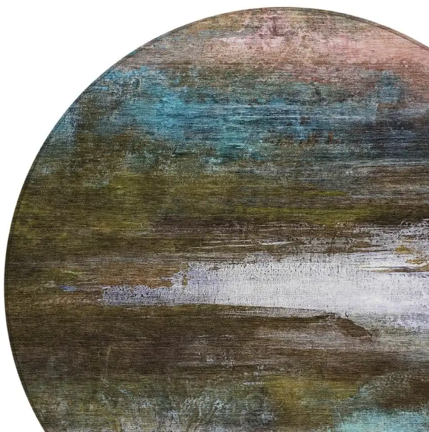 8' Brown Teal Blue And Blush Round Abstract Washable Indoor Outdoor Area Rug Photo 4