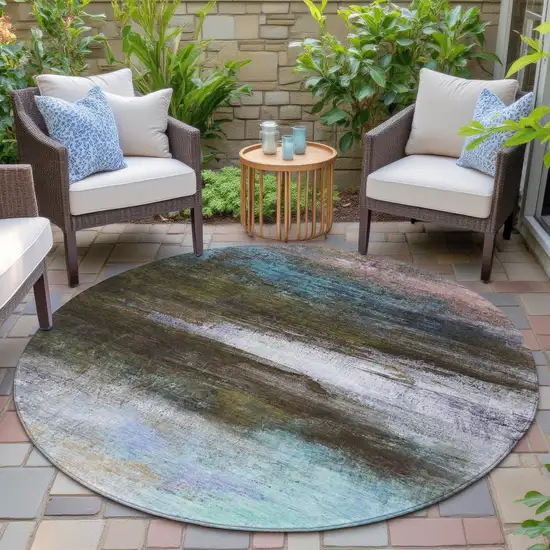 8' Brown Teal Blue And Blush Round Abstract Washable Indoor Outdoor Area Rug Photo 5