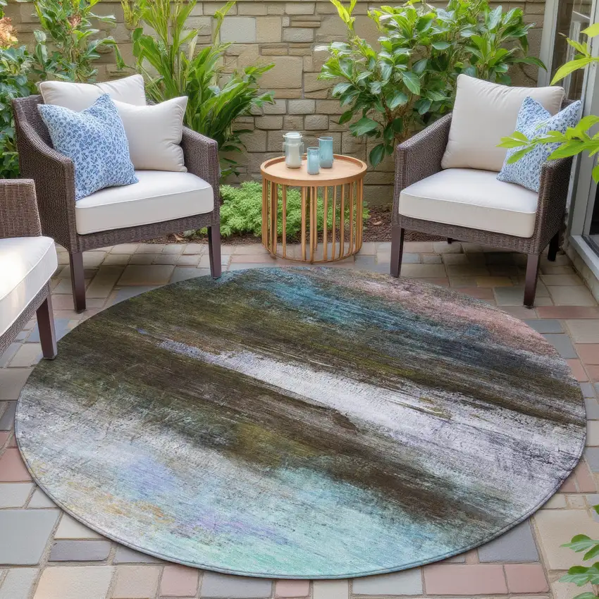8' Brown Teal Blue And Blush Round Abstract Washable Indoor Outdoor Area Rug Photo 5