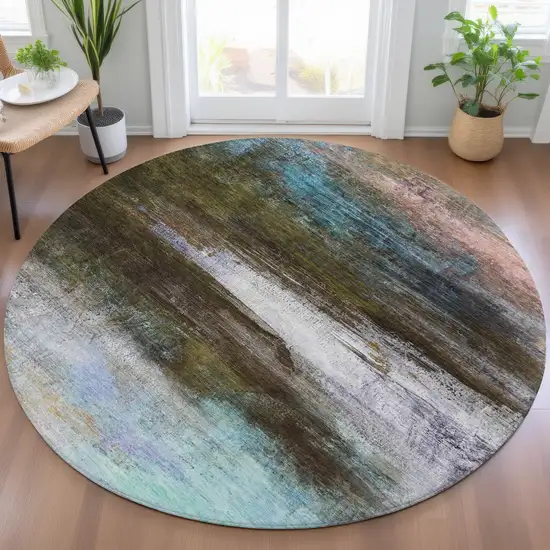8' Brown Teal Blue And Blush Round Abstract Washable Indoor Outdoor Area Rug Photo 6