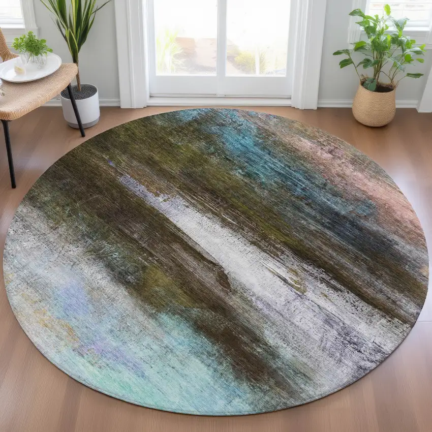 8' Brown Teal Blue And Blush Round Abstract Washable Indoor Outdoor Area Rug Photo 6