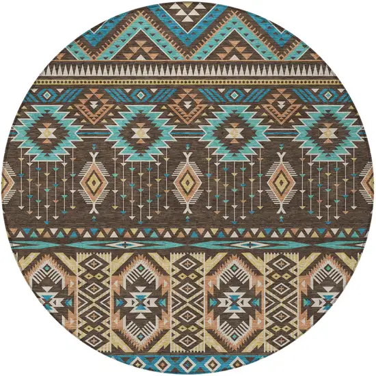 8' Brown Teal Blue And Coral Round Aztec Washable Indoor Outdoor Area Rug Photo 4
