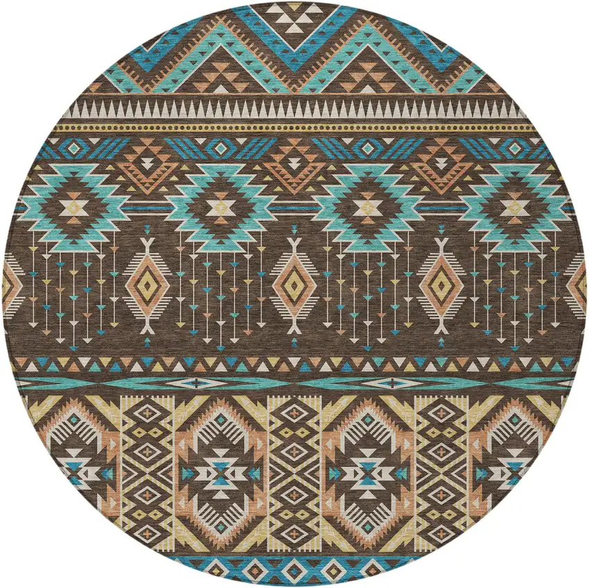 8' Brown Teal Blue And Coral Round Aztec Washable Indoor Outdoor Area Rug Photo 4