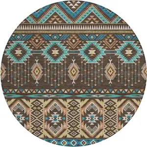 Photo of 8' Brown Teal Blue And Coral Round Aztec Washable Indoor Outdoor Area Rug