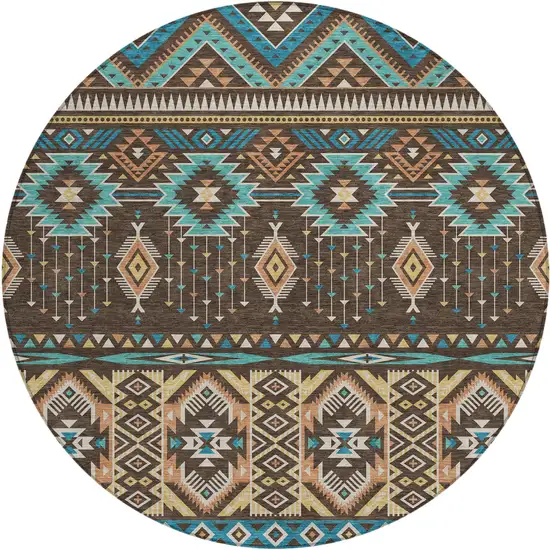 8' Brown Teal Blue And Coral Round Aztec Washable Indoor Outdoor Area Rug Photo 1
