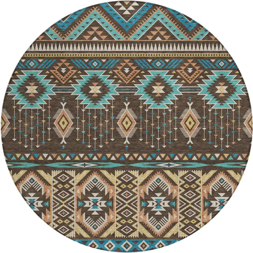 8' Brown Teal Blue And Coral Round Aztec Washable Indoor Outdoor Area Rug Photo 1