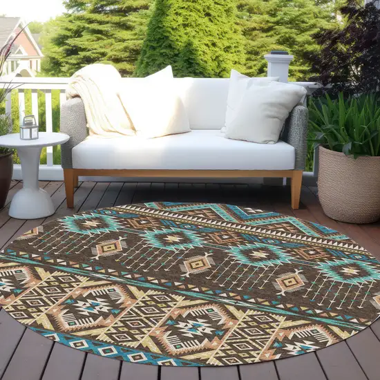 8' Brown Teal Blue And Coral Round Aztec Washable Indoor Outdoor Area Rug Photo 5