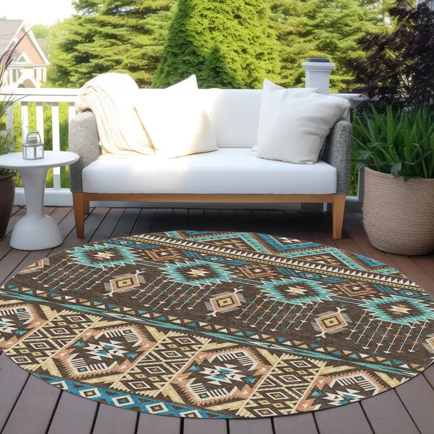 8' Brown Teal Blue And Coral Round Aztec Washable Indoor Outdoor Area Rug Photo 5