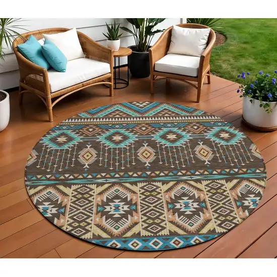 8' Brown Teal Blue And Coral Round Aztec Washable Indoor Outdoor Area Rug Photo 2