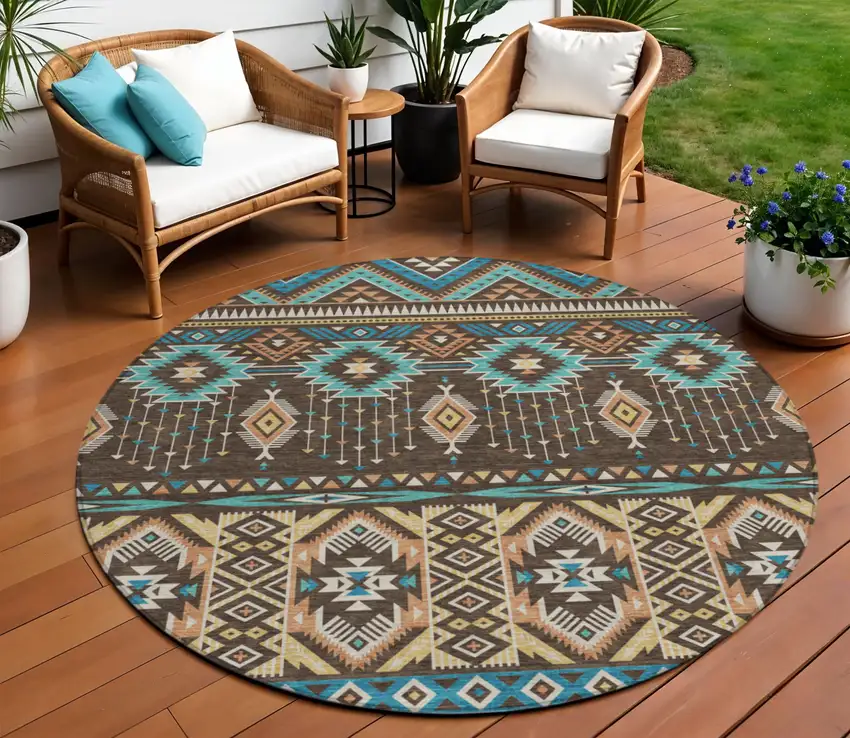 8' Brown Teal Blue And Coral Round Aztec Washable Indoor Outdoor Area Rug Photo 2