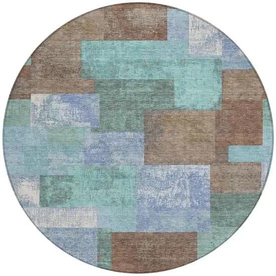 8' Brown Teal Blue And Ivory Round Geometric Washable Indoor Outdoor Area Rug Photo 3