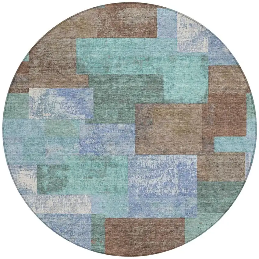 8' Brown Teal Blue And Ivory Round Geometric Washable Indoor Outdoor Area Rug Photo 3