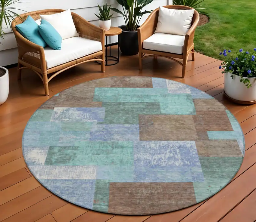 8' Brown Teal Blue And Ivory Round Geometric Washable Indoor Outdoor Area Rug Photo 2