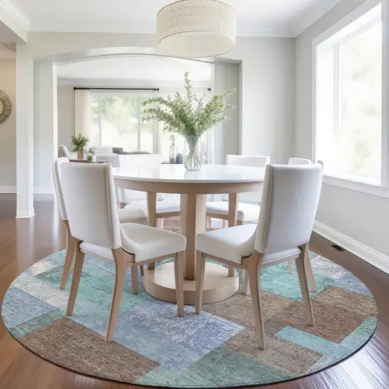8' Brown Teal Blue And Ivory Round Geometric Washable Indoor Outdoor Area Rug Photo 6