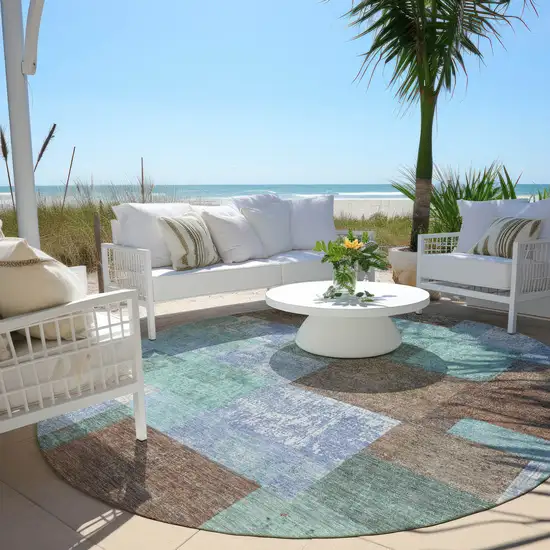 8' Brown Teal Blue And Ivory Round Geometric Washable Indoor Outdoor Area Rug Photo 5