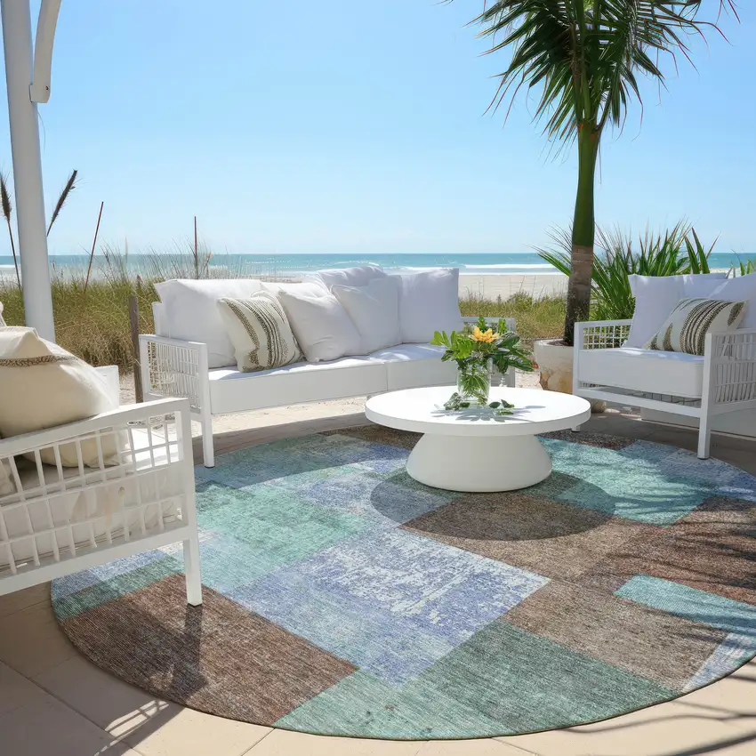 8' Brown Teal Blue And Ivory Round Geometric Washable Indoor Outdoor Area Rug Photo 5