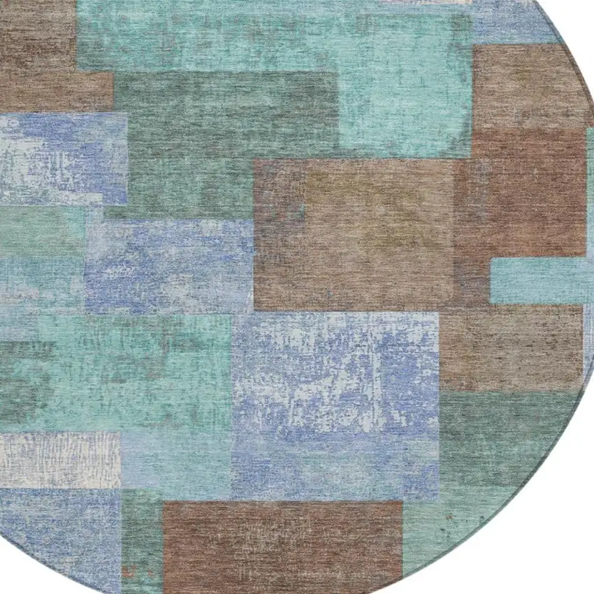 8' Brown Teal Blue And Ivory Round Geometric Washable Indoor Outdoor Area Rug Photo 4