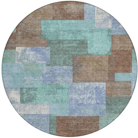 8' Brown Teal Blue And Ivory Round Geometric Washable Indoor Outdoor Area Rug Photo 1