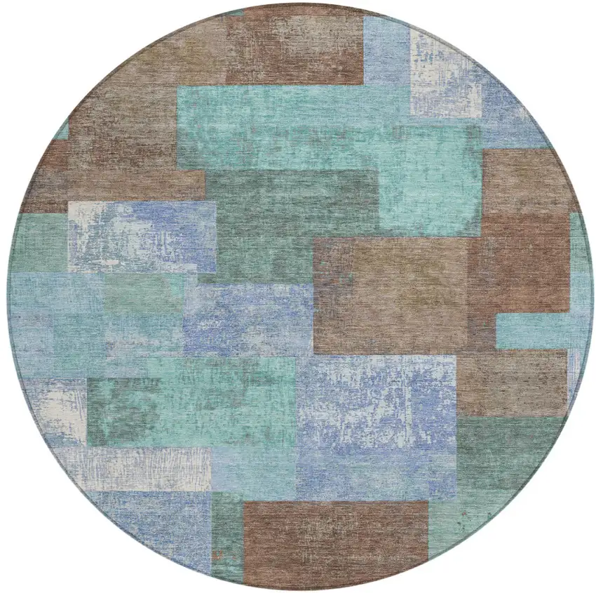 8' Brown Teal Blue And Ivory Round Geometric Washable Indoor Outdoor Area Rug Photo 1