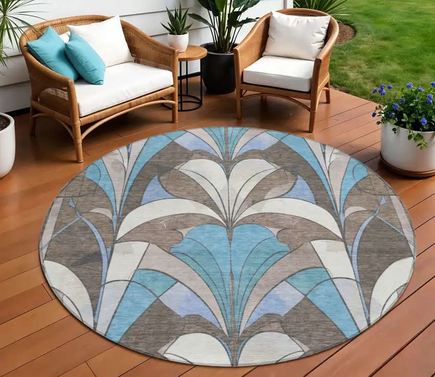 8' Brown Teal Blue And Ivory Round Geometric Washable Indoor Outdoor Area Rug Photo 3