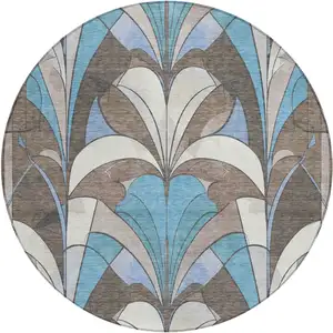 Photo of 8' Brown Teal Blue And Ivory Round Geometric Washable Indoor Outdoor Area Rug