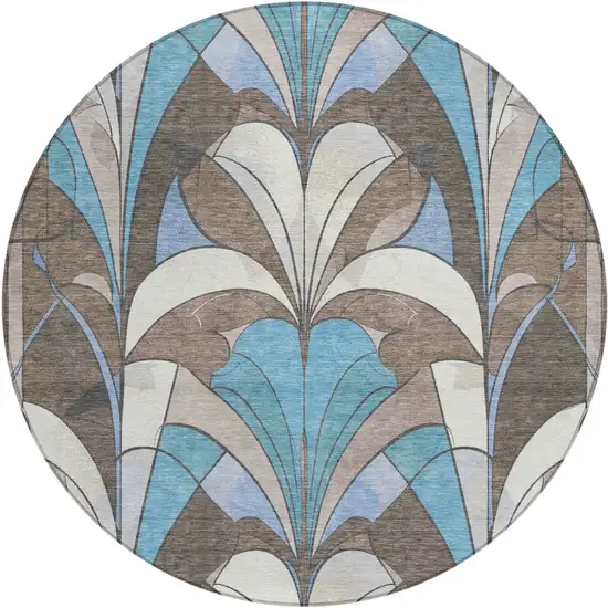8' Brown Teal Blue And Ivory Round Geometric Washable Indoor Outdoor Area Rug Photo 1