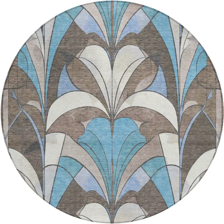 8' Brown Teal Blue And Ivory Round Geometric Washable Indoor Outdoor Area Rug Photo 1