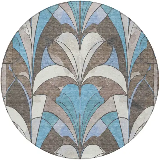 8' Brown Teal Blue And Ivory Round Geometric Washable Indoor Outdoor Area Rug Photo 5