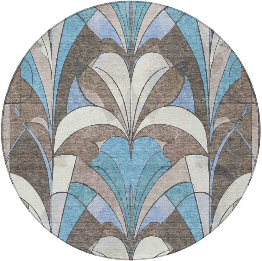 8' Brown Teal Blue And Ivory Round Geometric Washable Indoor Outdoor Area Rug Photo 5