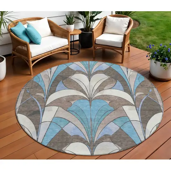 8' Brown Teal Blue And Ivory Round Geometric Washable Indoor Outdoor Area Rug Photo 2
