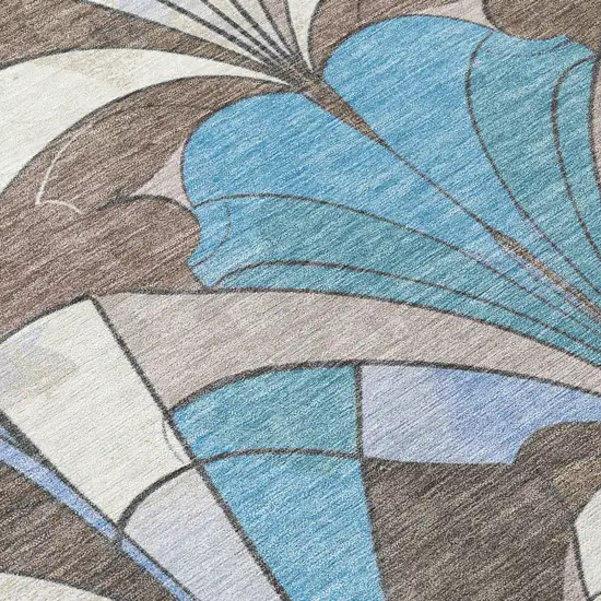 8' Brown Teal Blue And Ivory Round Geometric Washable Indoor Outdoor Area Rug Photo 8