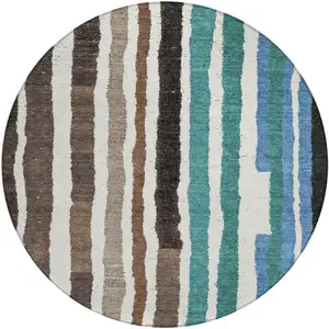 Photo of 8' Brown Teal Blue And Ivory Round Striped Washable Indoor Outdoor Area Rug