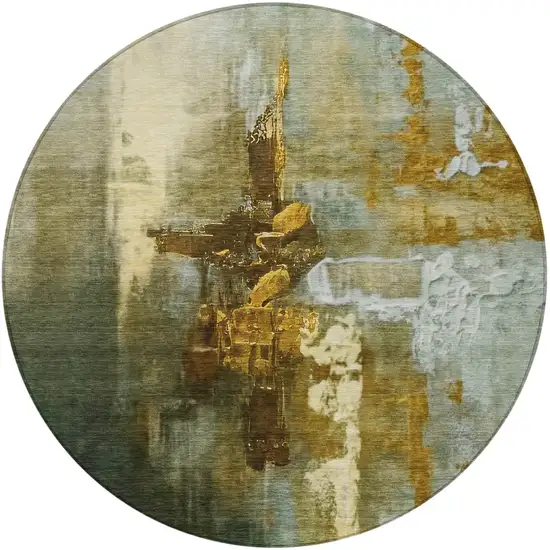 8' Brown Teal Blue And Taupe Round Abstract Washable Indoor Outdoor Area Rug Photo 4