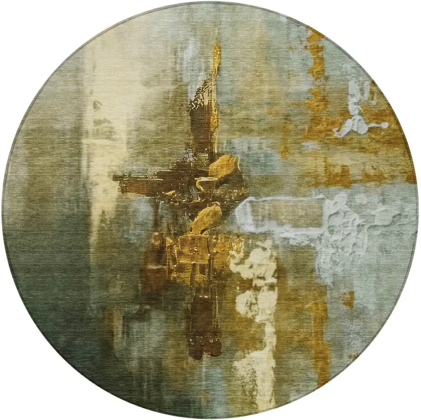 8' Brown Teal Blue And Taupe Round Abstract Washable Indoor Outdoor Area Rug Photo 4