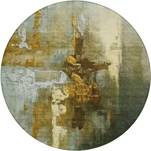 Photo of 8' Brown Teal Blue And Taupe Round Abstract Washable Indoor Outdoor Area Rug