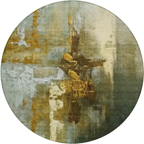 8' Brown Teal Blue And Taupe Round Abstract Washable Indoor Outdoor Area Rug Photo 1