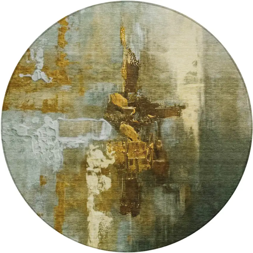 8' Brown Teal Blue And Taupe Round Abstract Washable Indoor Outdoor Area Rug Photo 1