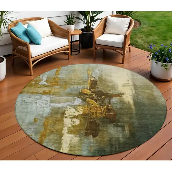 8' Brown Teal Blue And Taupe Round Abstract Washable Indoor Outdoor Area Rug Photo 2