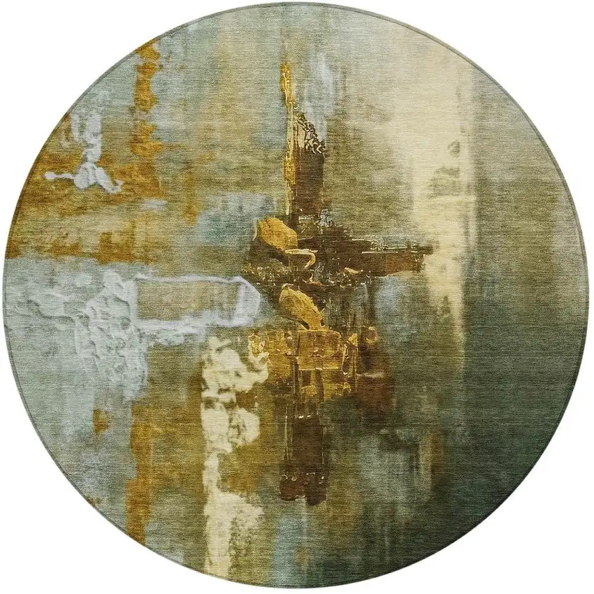 8' Brown Teal Blue And Taupe Round Abstract Washable Indoor Outdoor Area Rug Photo 3