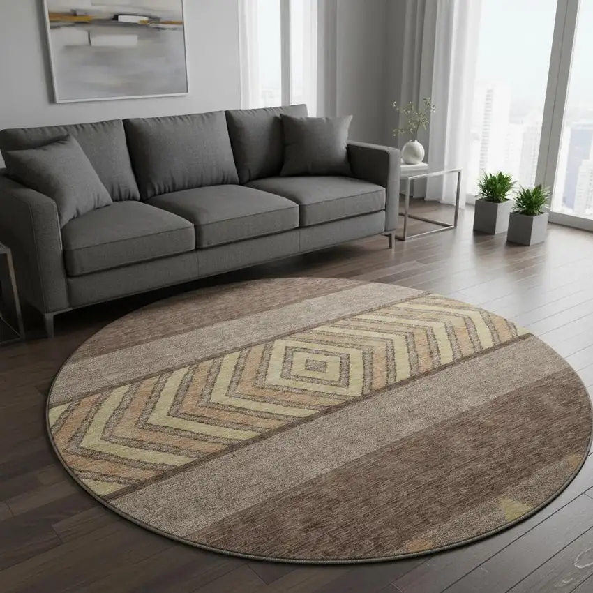 8' Brown Wheat And Copper Southwestern Washable Round Rug With UV Protection Photo 2