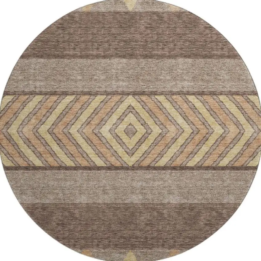 8' Brown Wheat And Copper Southwestern Washable Round Rug With UV Protection Photo 3