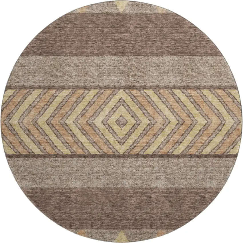 8' Brown Wheat And Copper Southwestern Washable Round Rug With UV Protection Photo 1