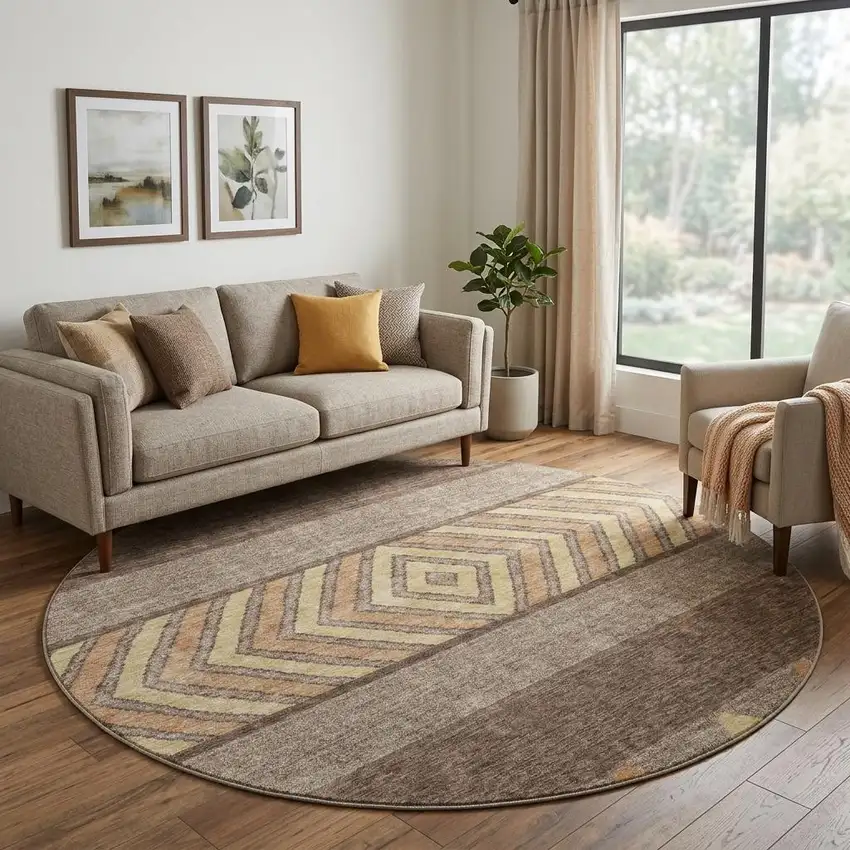 8' Brown Wheat And Copper Southwestern Washable Round Rug With UV Protection Photo 1