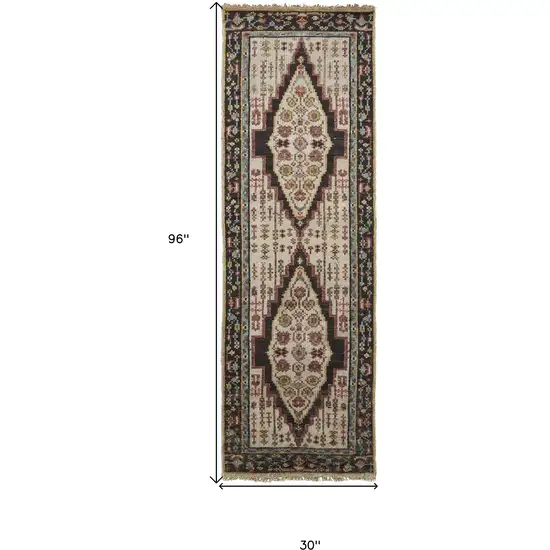 8' Brown Yellow And Green Wool Floral Hand Knotted Distressed Stain Resistant Runner Rug With Fringe Photo 5