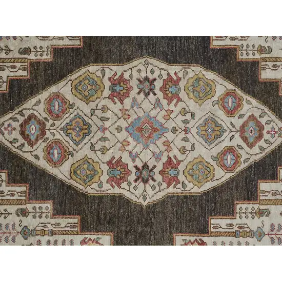 8' Brown Yellow And Green Wool Floral Hand Knotted Distressed Stain Resistant Runner Rug With Fringe Photo 3