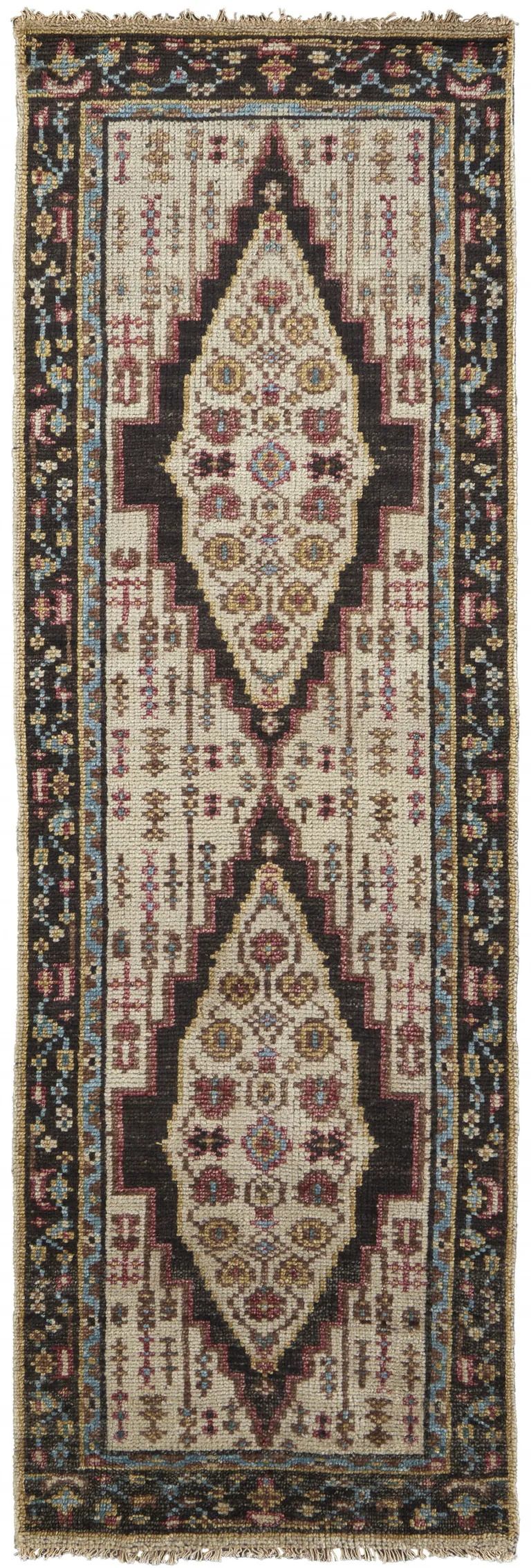 8' Brown Yellow And Green Wool Floral Hand Knotted Distressed Stain Resistant Runner Rug With Fringe Photo 1