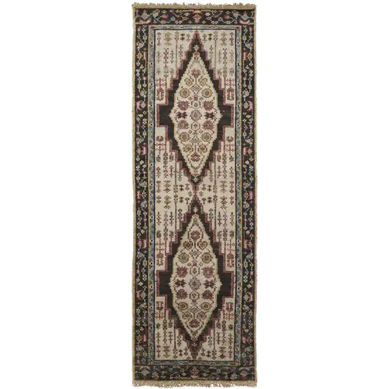 8' Brown Yellow And Green Wool Floral Hand Knotted Distressed Stain Resistant Runner Rug With Fringe Photo 1